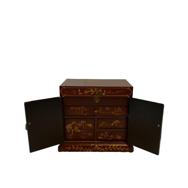 Asian Jewelry Box. Rusted Red and Gold  elements. Elegant  and stylish jewellery box with floral motifs.