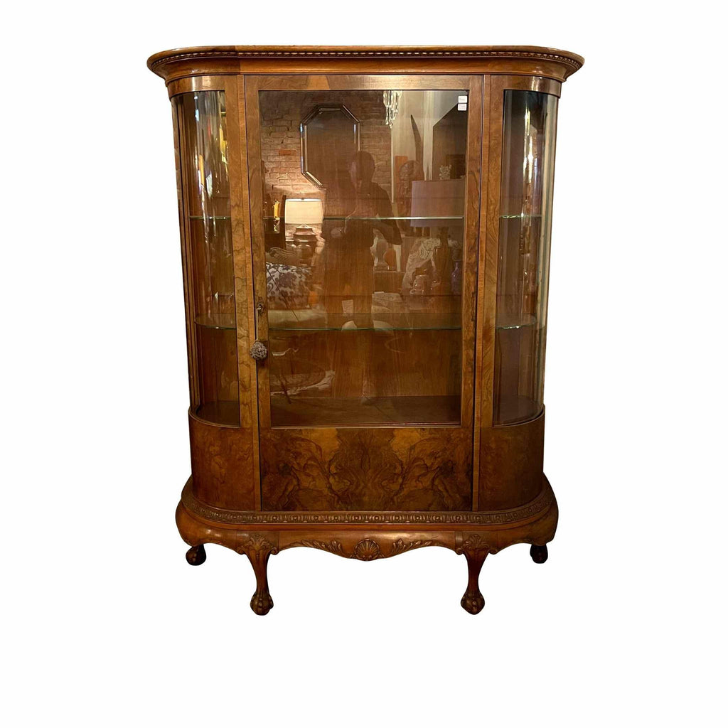 Antique Belgian Curved Glass China Cabinet in burled walnut, 19th century rounded walnut &  glass display cabinet