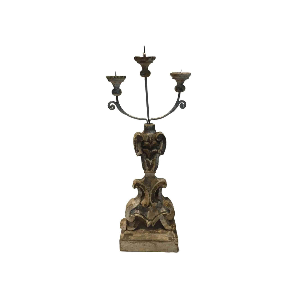 Antique wooden pillar Candelabra from Italy. Italian carved wood candle holder perfect as a  centrepiece  for tables and fireplace mantles. Shop antique decor pieces from Italy and France at The Carriage House Interiors.