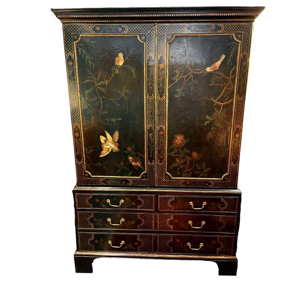 Beautiful Asian hand painted armoire with drawers and storage.  Handpainted floral motif with birds and gold trim.
