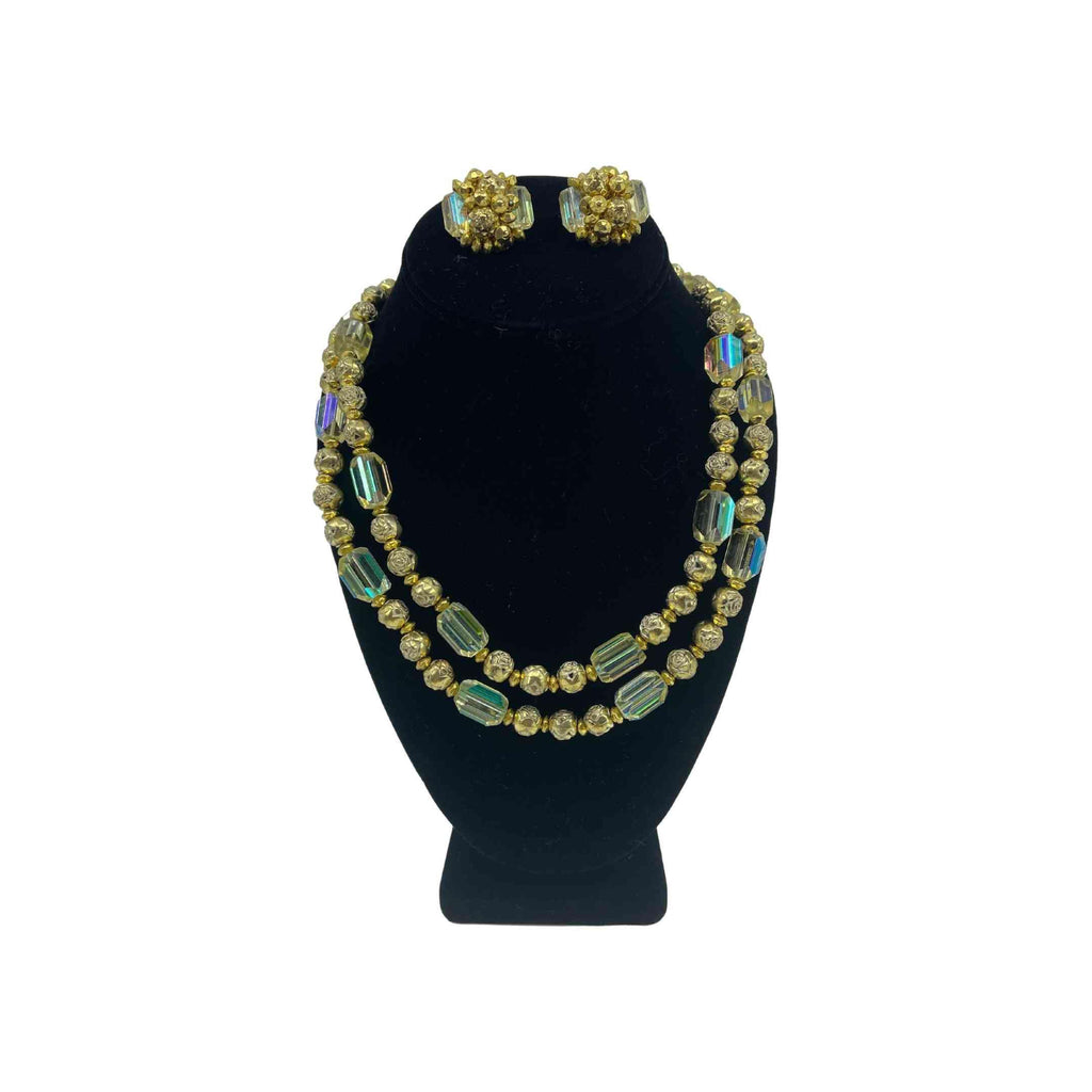 Vintage 24" Gold Bead & Aurora Borealis Necklace & Earring Set