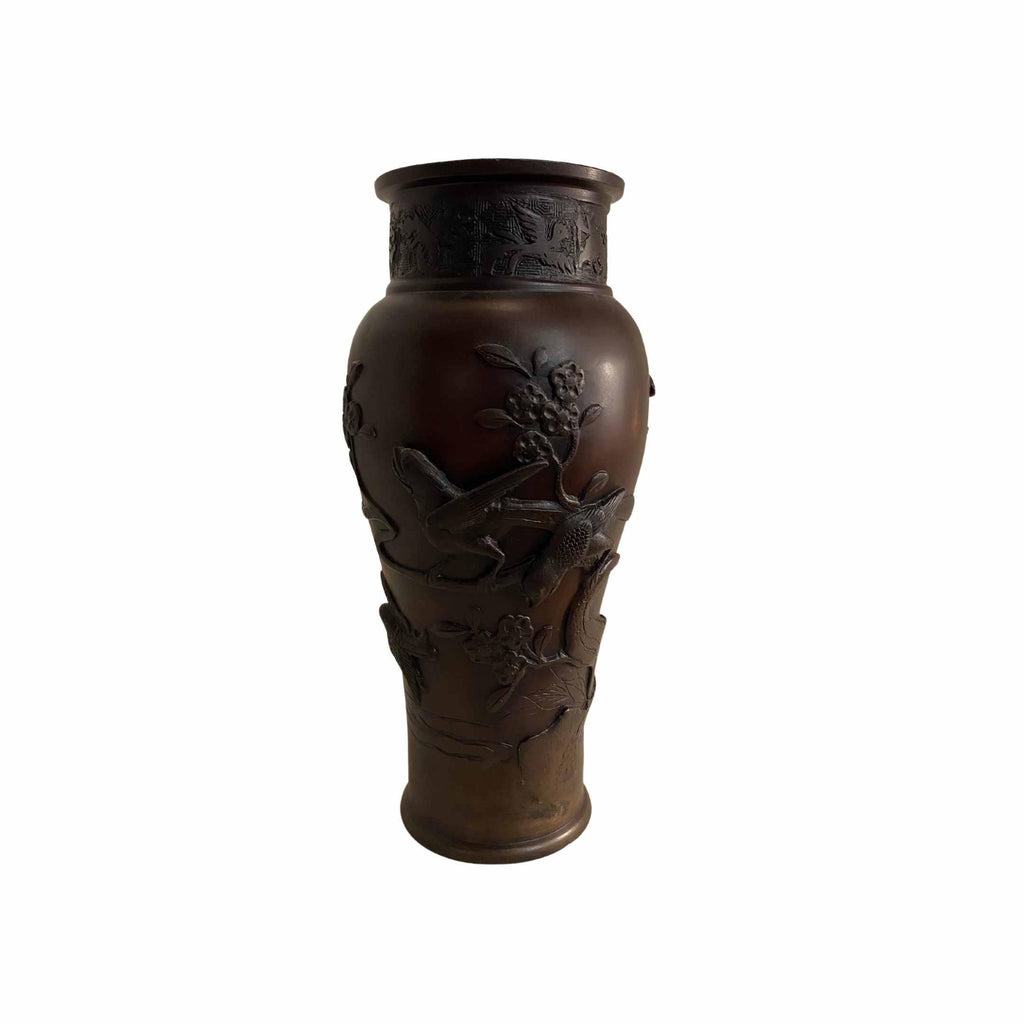 Bronze Vase with Bas Relief Carved Birds - The Carriage House Interiors