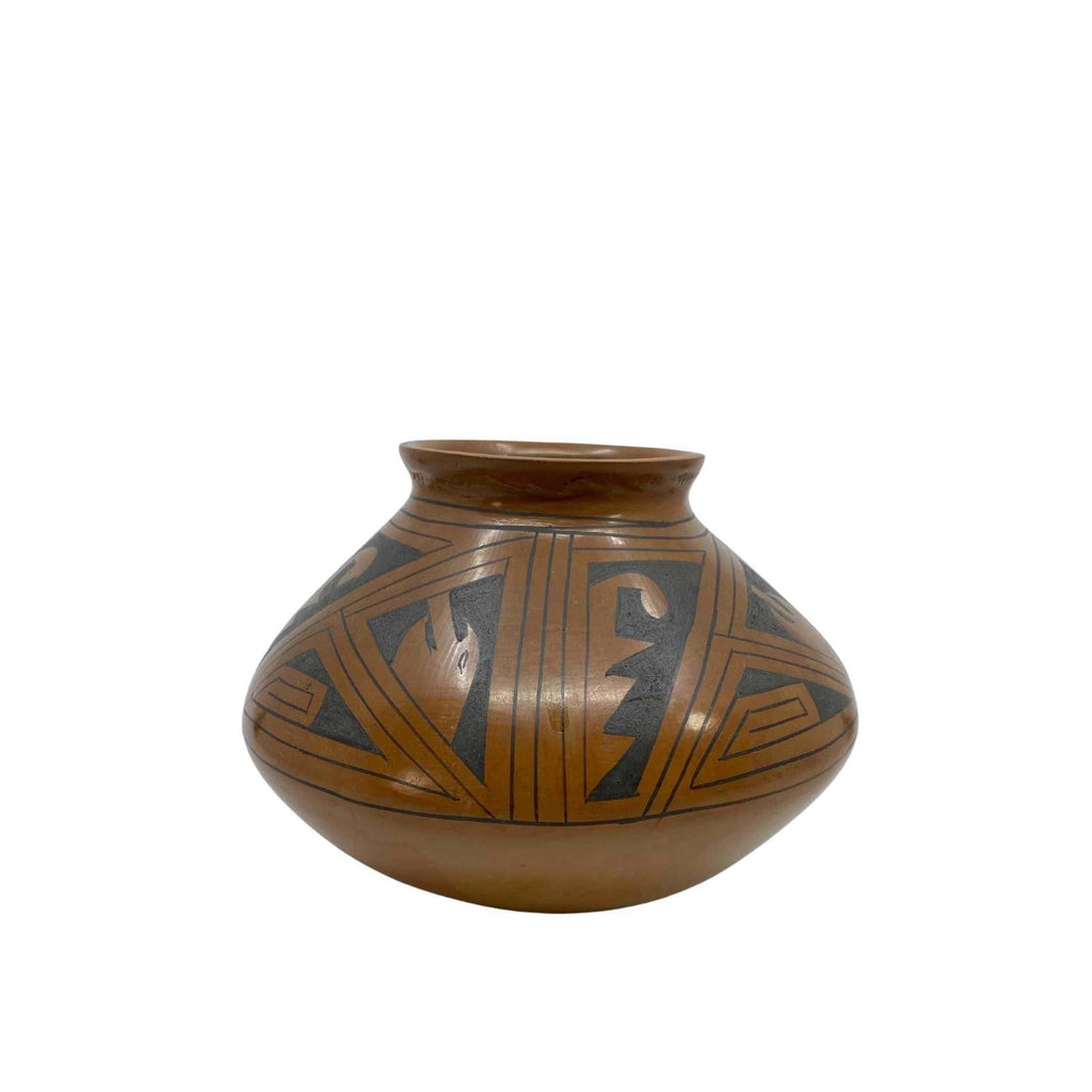 Aztec design ceramic terracotta vessel , vintage vase with brown and black elements. South American indigenous art.